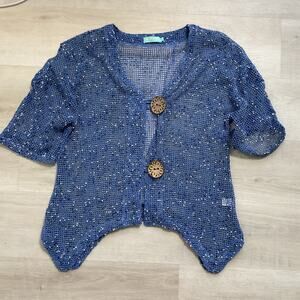Anthonys Resort Wear Womens Cover Up Knit Fishnet Cardigan Blue Small